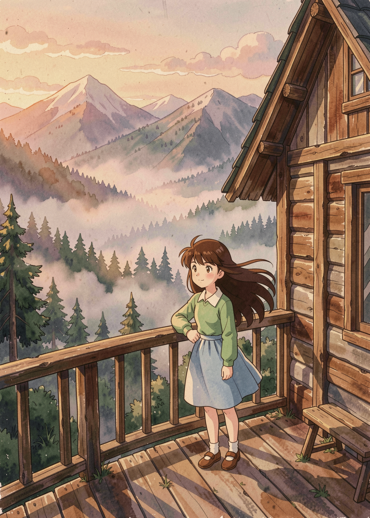FLUX.2-Klein seed 42 — girl on a wooden mountain-cabin terrace at dusk