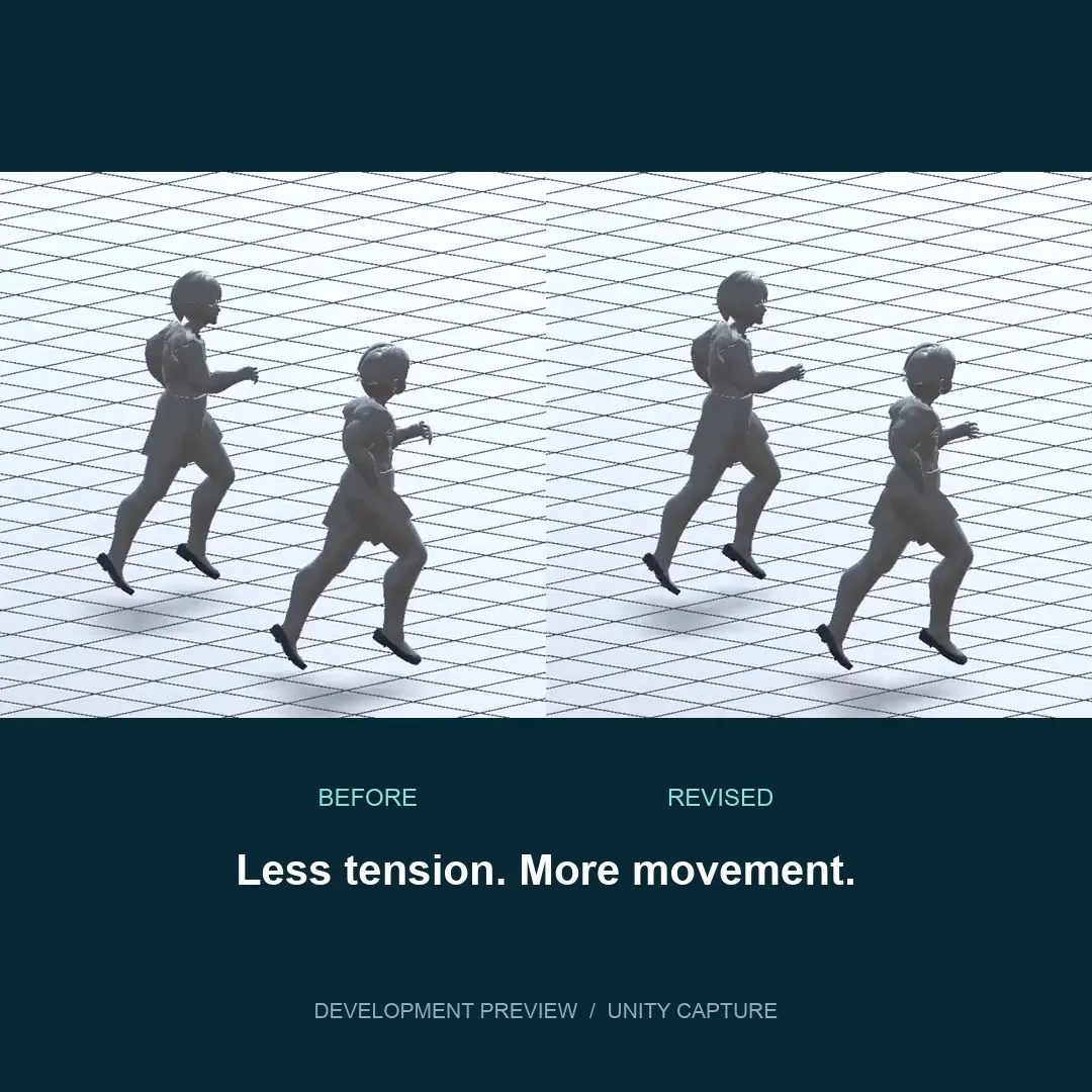 Previous and revised full-body running poses, with the revised palms facing inward.