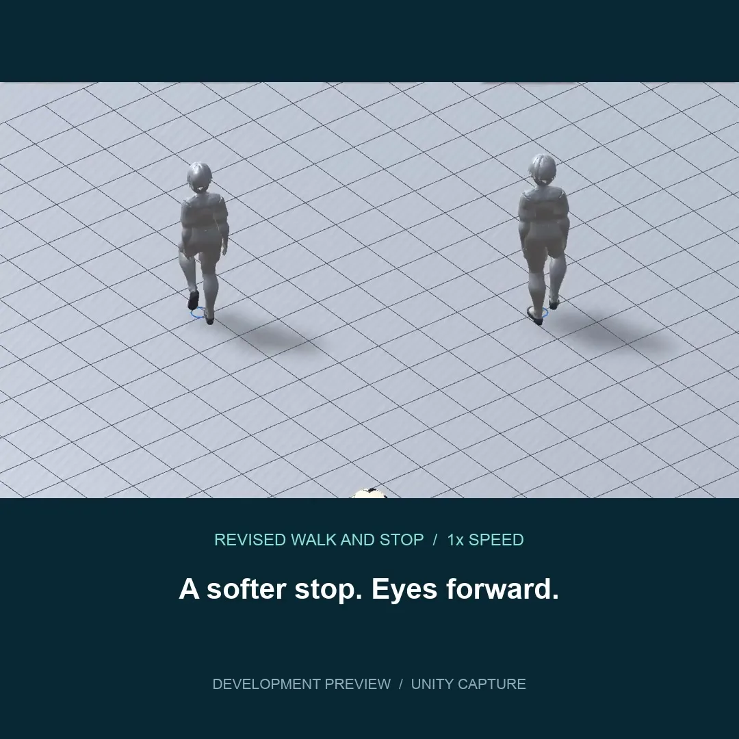 Two players in a gray Unity motion test, labelled as a revised walk and stop.