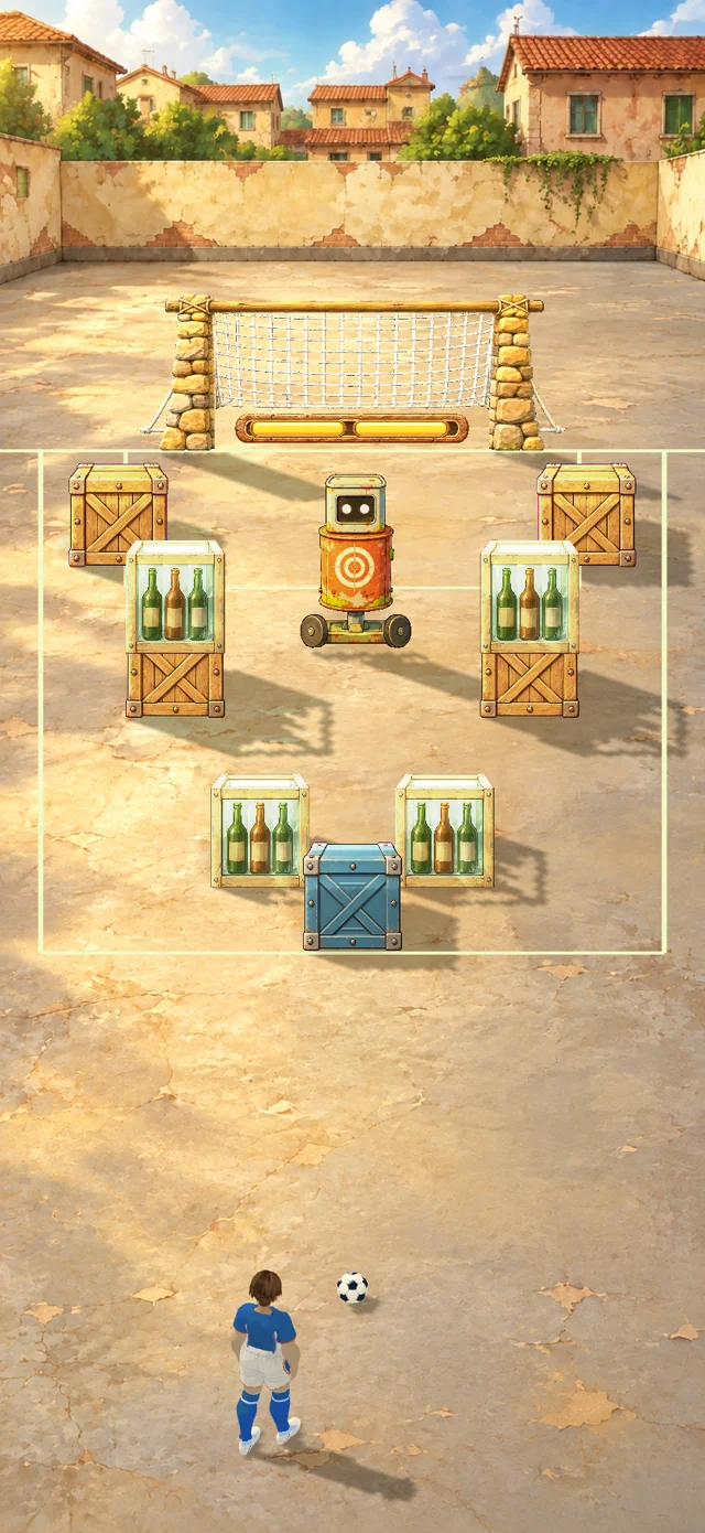A moving robot between two wooden and glass stacks, with a steel crate guarding the center of a sunlit courtyard.