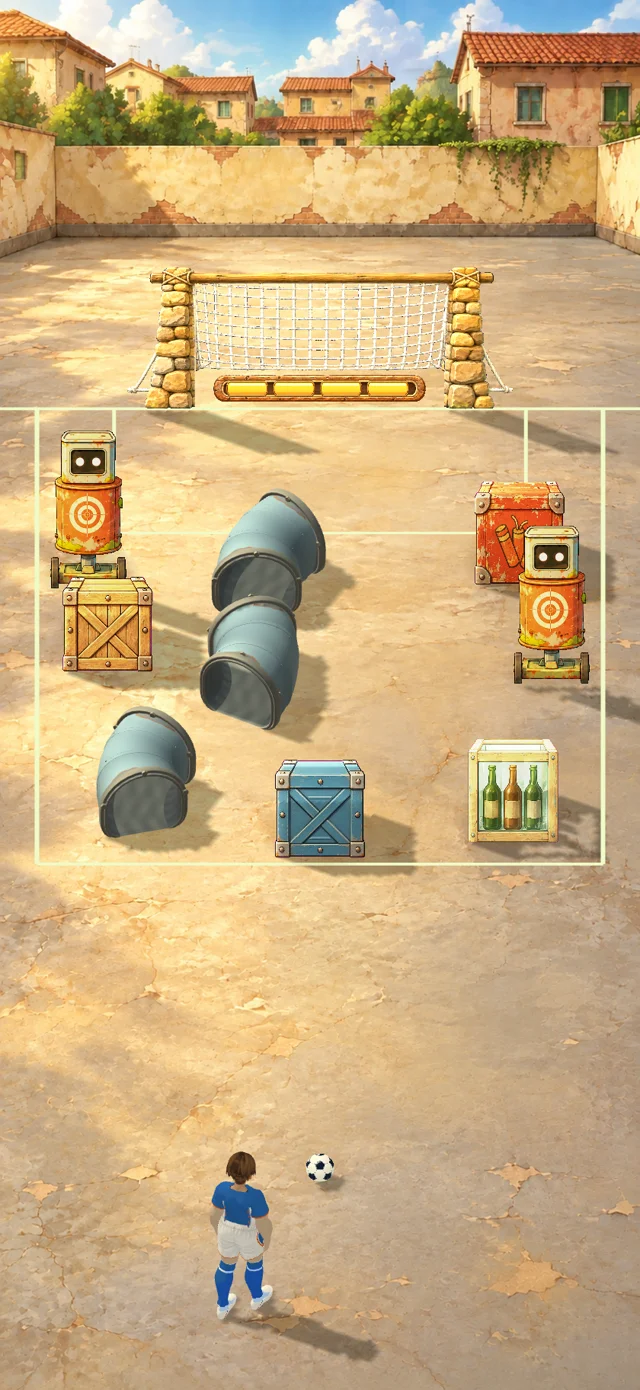 Three bent pipes point through a courtyard toward two robots, with wood, steel, glass and a fireworks crate around the route.
