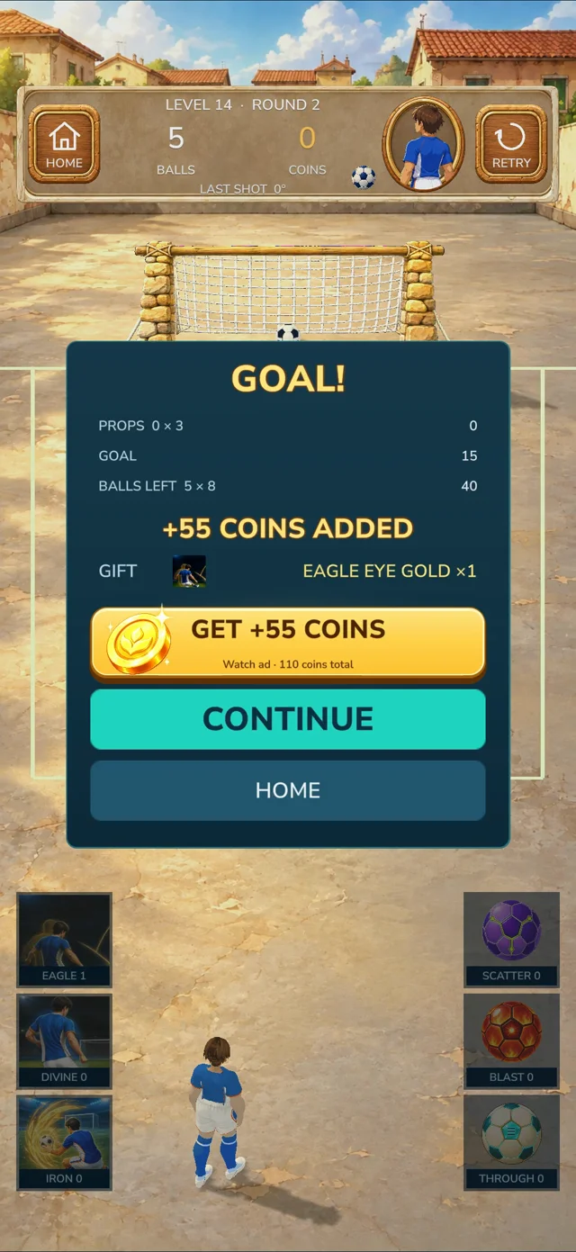 The result panel shows 55 coins already added, one Eagle Eye gift card, an optional ad for 55 more coins, and a Continue button.