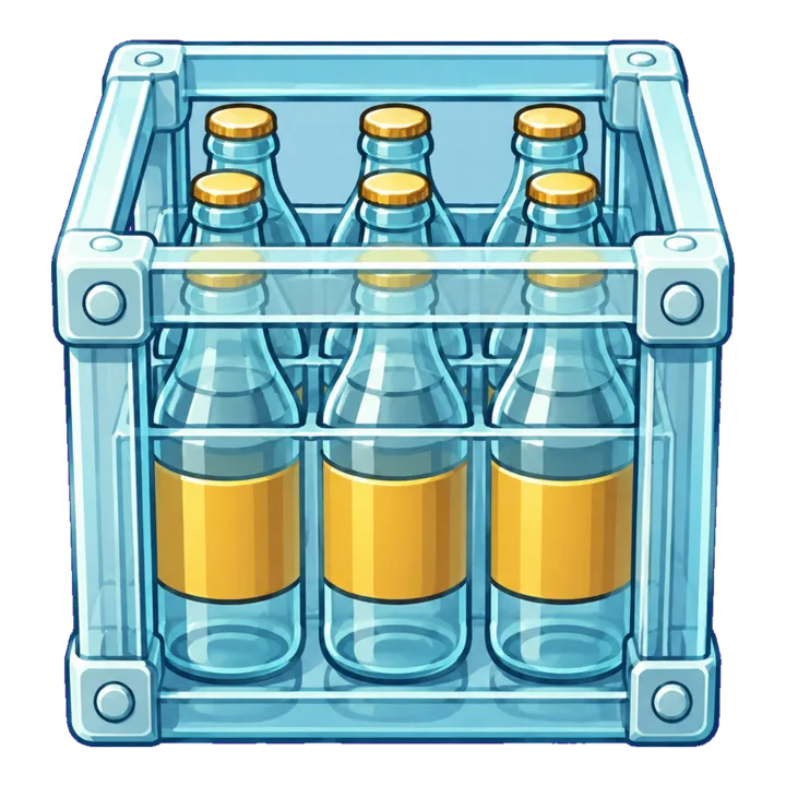 Current glass crate: an open blue glass carrier with six labelled bottles