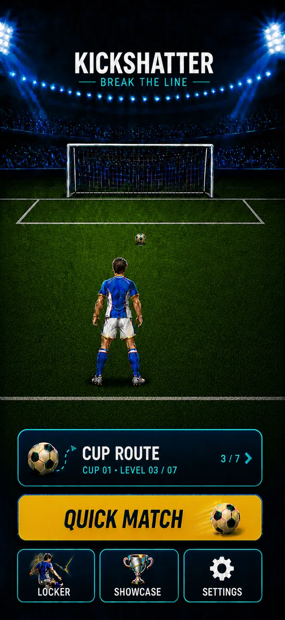 Kickshatter Home V14 preview: the ball sits outside a broad six-yard box, while the player stands inside the large penalty area with its front line behind him