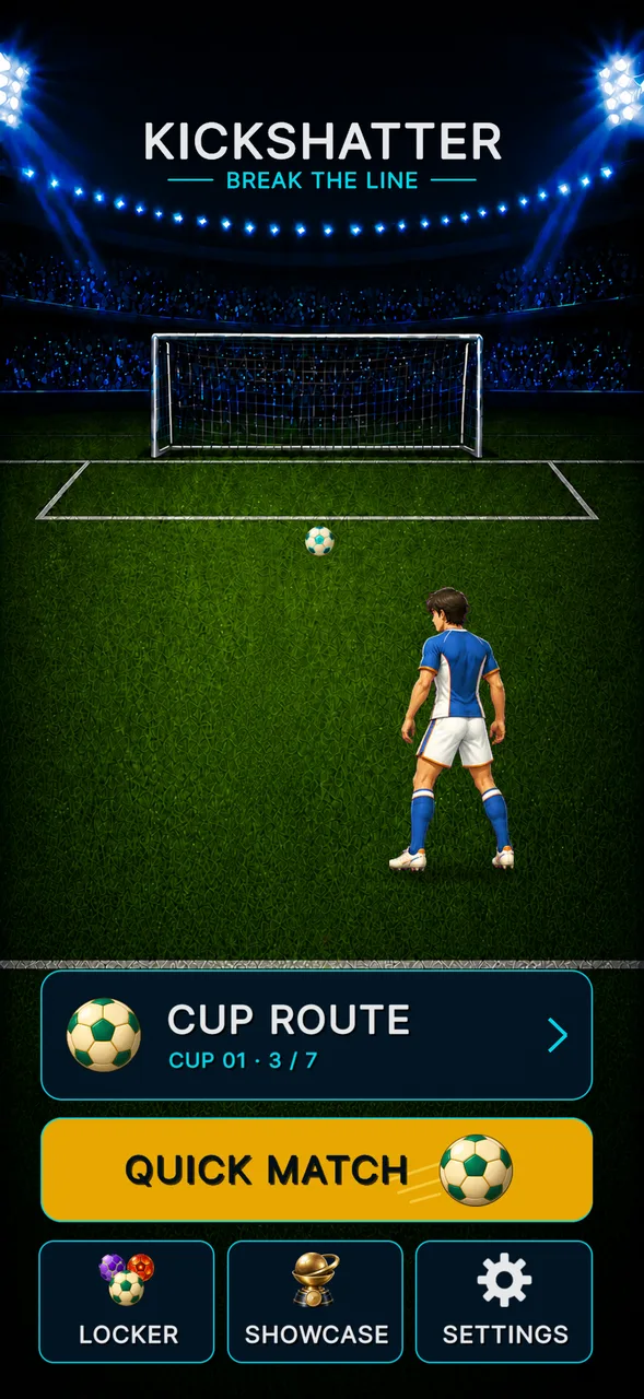 Kickshatter Home V15 preview: a teal Through ball covers the centered penalty spot, the player stands on the right facing the goal, and the lower deck presents Cup Route, Quick Match, Locker, Showcase, and Settings