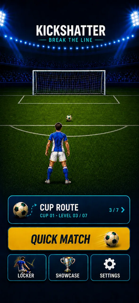 Kickshatter Home V2 preview: player, ball, goal, pitch markings, Cup Route, Quick Match, Locker, Showcase, and Settings