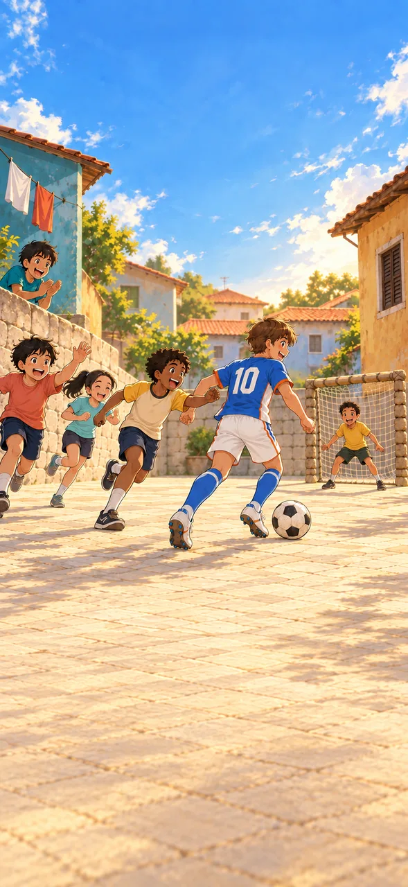 The same footballer dribbles toward the goal while his friends run after him