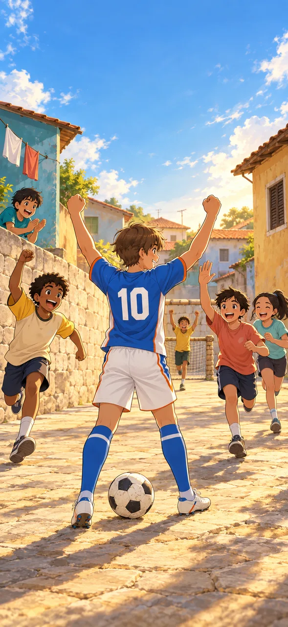 The brown-haired footballer raises his fists as friends run over to celebrate